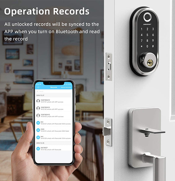 Smonet ZNS-Y001 Fingerprint Keyless Entry Door Lock & Wifi Gateway Silver, All unlocked records will be synced to the APP when you turn on Bluetooth and read the record