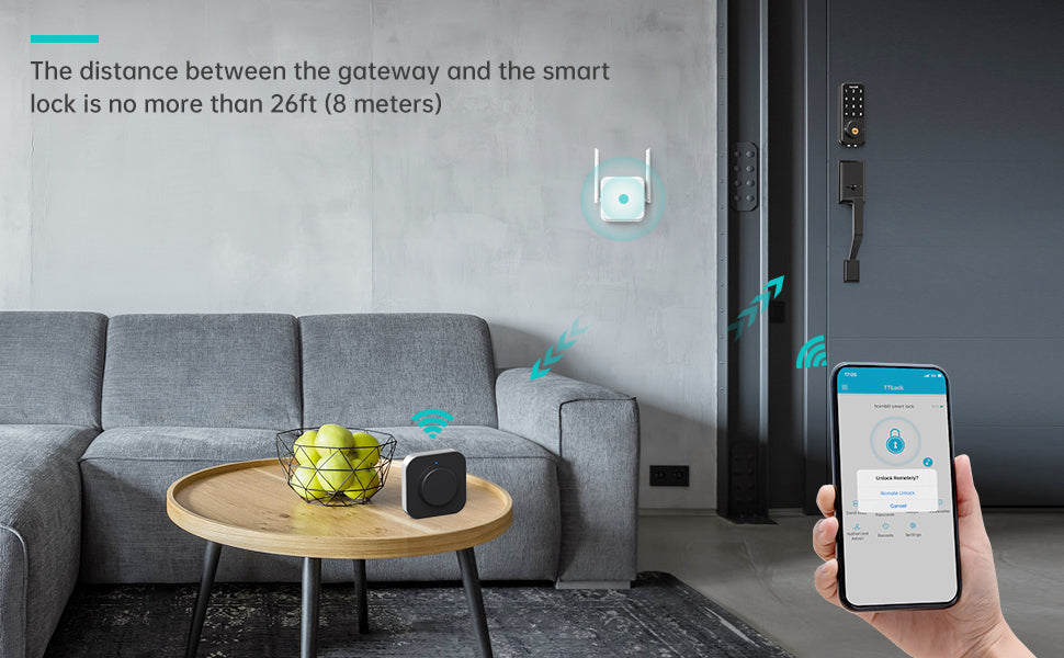 Smonet SMUS-AM Keyless Door Lock & Wifi Gateway, Black, The distance between the gateway and the smart lock is no more than 26ft (8 meters)