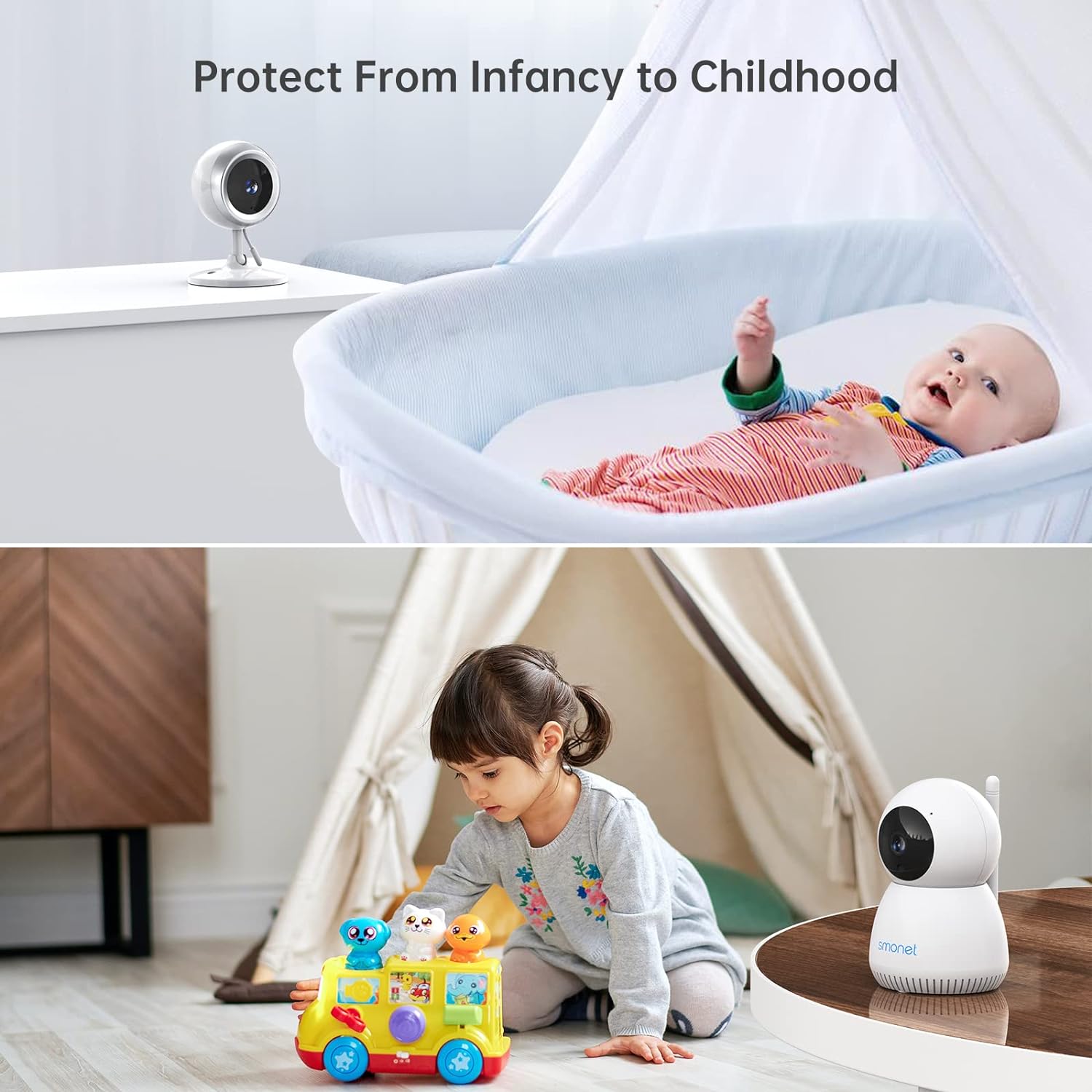 Baby Monitor with Video and Audio,SMONET 1080P Baby Monitor with 2 Cameras Remote Pan Tilt Feed Alarm Two-Way Talk Night Vision Crying Alarm