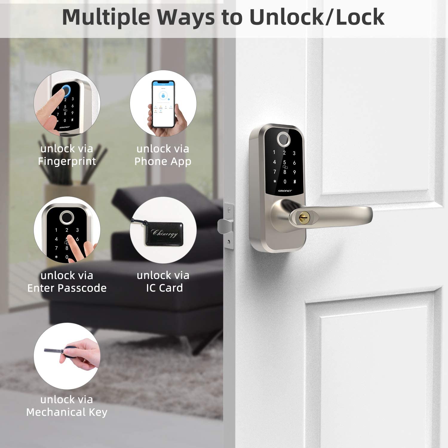 SMONET H1-BF Smart Lock With Handle, Multiple Ways to Unlock/Lock