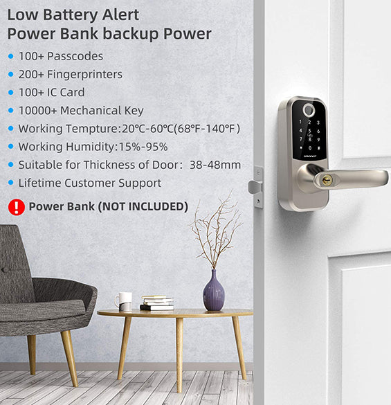SMONET H1-BF Smart Lock With Handle, Low Battery AlertPower Bank backup Power