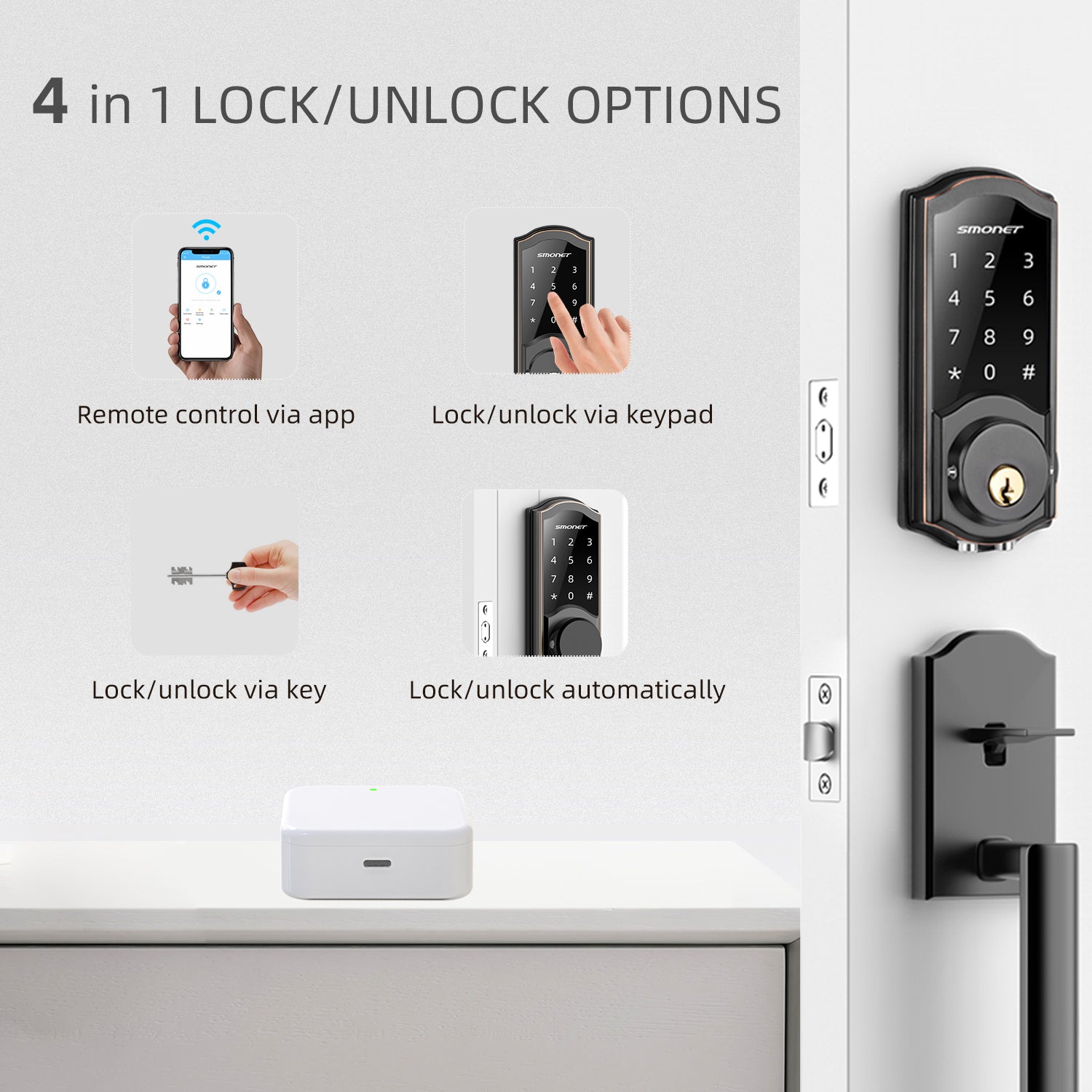 SMONET A1-B Smart Lock, 4 in 1 LOCK/UNLOCK OPTIONS